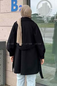 Black Medium V Neck Long Arm Stamp Fabric Coat