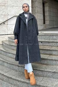 Lamelif Balon Kol Kaşe Kaban Siyah