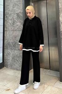 Black Shirt Collar Long Arm Knitwear Regular Trousers Comfortable Suit