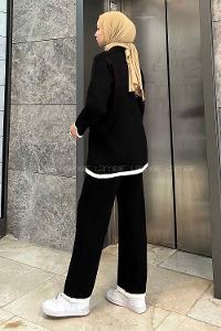 Black Shirt Collar Long Arm Knitwear Regular Trousers Comfortable Suit