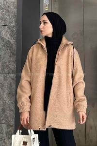 Mink Hood Neck Long Arm Cotton Fabric Coat