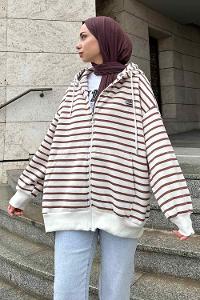 Lamelif Ön Fermuarlı Çizgili Sweatshirt Kahverengi