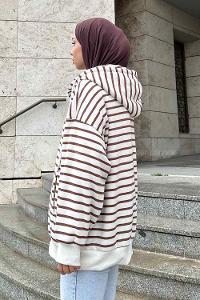 Lamelif Ön Fermuarlı Çizgili Sweatshirt Kahverengi
