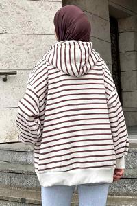 Lamelif Ön Fermuarlı Çizgili Sweatshirt Kahverengi