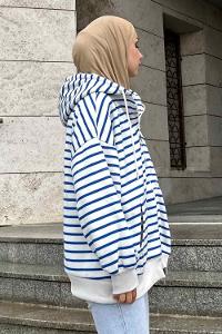 Lamelif Ön Fermuarlı Çizgili Sweatshirt Mavi