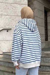 Lamelif Ön Fermuarlı Çizgili Sweatshirt Mavi