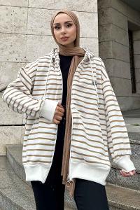 Lamelif Ön Fermuarlı Çizgili Sweatshirt Sütlü Kahve