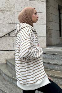 Lamelif Ön Fermuarlı Çizgili Sweatshirt Sütlü Kahve