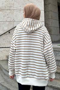 Lamelif Ön Fermuarlı Çizgili Sweatshirt Sütlü Kahve