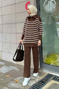 Brown Zippered Neck Long Arm Knitwear Regular Trousers Comfortable Suit