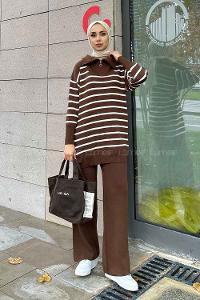 Brown Zippered Neck Long Arm Knitwear Regular Trousers Comfortable Suit
