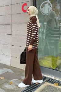 Brown Zippered Neck Long Arm Knitwear Regular Trousers Comfortable Suit