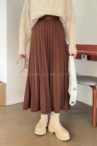 Bitter Brown Viscose Fabric Unprinted Pleated Skirt