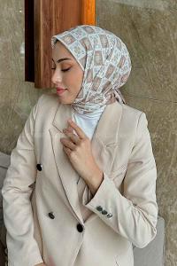 Lamelif Etnik Çiçek Desen Soft Eşarp Serisi Ekru-Sütlü Kahve