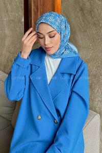 Lamelif Etnik Çiçek Desen Soft Eşarp Serisi Kot Mavisi