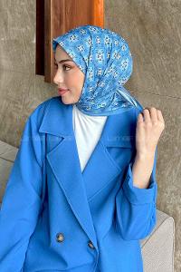 Lamelif Etnik Çiçek Desen Soft Eşarp Serisi Kot Mavisi