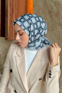Lamelif Etnik Çiçek Desen Soft Eşarp Serisi Siyah-Gri