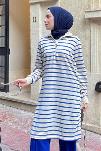 Lamelif Boğazlı Çizgili Uzun Tunik Mavi