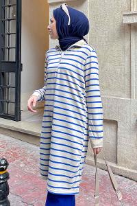 Lamelif Boğazlı Çizgili Uzun Tunik Mavi