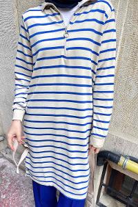 Lamelif Boğazlı Çizgili Uzun Tunik Mavi