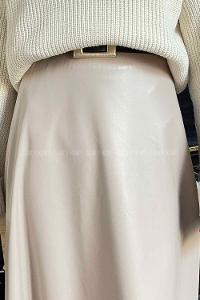 Lamelif Zeyna Suni Deri Maxı Kloş Etek Bej