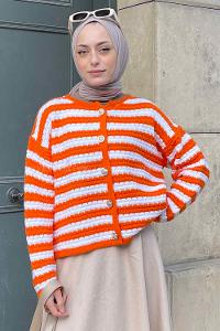 Lamelif Çizgili Kısa Kazak Turuncu