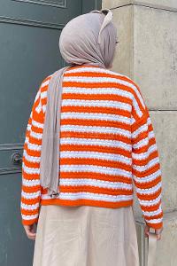 Lamelif Çizgili Kısa Kazak Turuncu