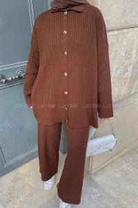 Bitter Brown Shirt Collar Long Arm Knitwear Regular Trousers Comfortable Suit