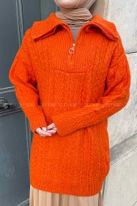 Lamelif Yarım Fermuar Detaylı Tunik Turuncu