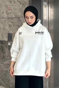Lamelif   Dikiş Ve Yazı  Baskı Detaylı Sweatshirt Ekru