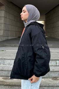 Black Zippered Neck Long Arm Coat