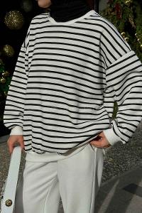 Lamelif Bisiklet Yaka Çizgili Sweatshirt Siyah