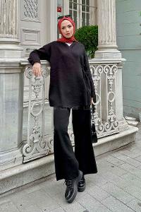 Black Scarf Neck Knitwear Regular Trousers Comfortable Suit