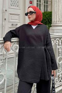 Black Scarf Neck Knitwear Regular Trousers Comfortable Suit
