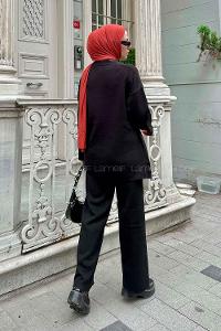 Black Scarf Neck Knitwear Regular Trousers Comfortable Suit