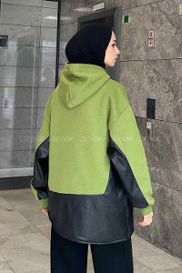 Lamelif Deri Detaylı Sweatshirt Çimen Yeşili