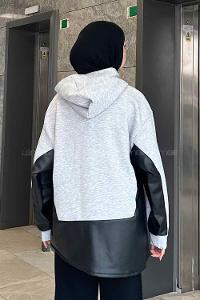Lamelif Deri Detaylı Sweatshirt Gri
