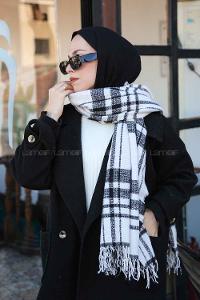 Lamelif Ekose Desen Omuz Şal Beyaz -Siyah