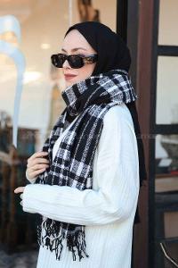 Lamelif Ekose Desen Omuz Şal Siyah-Beyaz