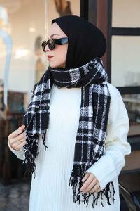 Lamelif Ekose Desen Omuz Şal Siyah-Beyaz