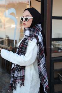 Lamelif Ekose Desen Omuz Şal Siyah-Kırmızı