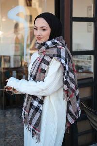 Lamelif Ekose Desen Omuz Şal Soft Kahve