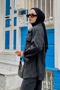 Lamelif Kareli Kapak Cep Detaylı Gömlek Antrasit