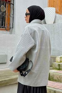 Gray Medium V Neck Long Arm Stamp Fabric Coat