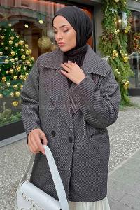 Black Medium V Neck Long Arm Stamp Fabric Coat