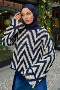 Lamelif Zikzak Desenli Kolu Katlamalı Kazak Lacivert