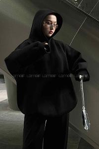 Lamelif Kapüşonlu Salaş Sweatshirt Siyah