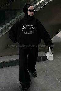 Black Hood Neck Long Arm Printed Sweatshirt