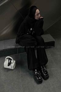 Black Hood Neck Long Arm Printed Sweatshirt