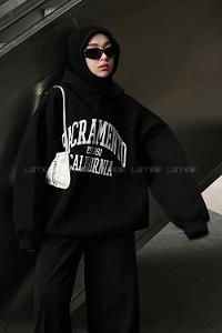 Lamelif Sacramento Baskılı Oversize Sweatshirt Siyah